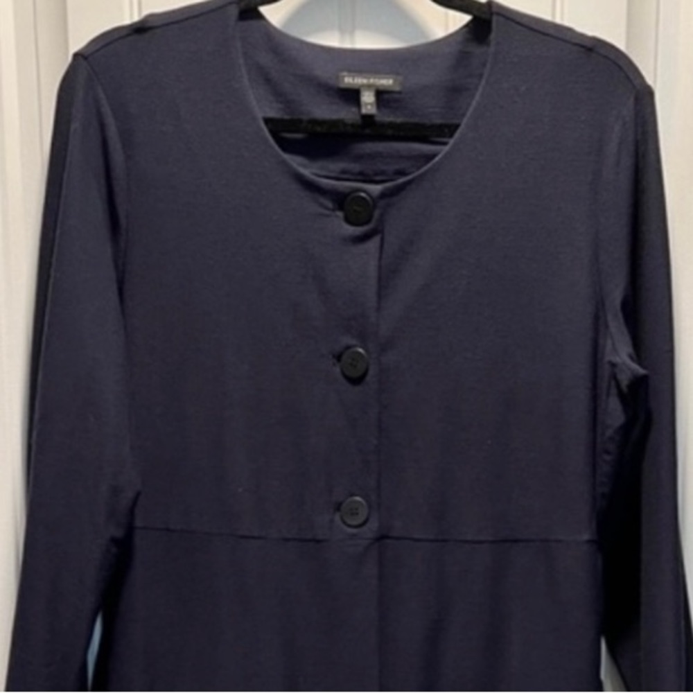 Eileen Fisher‎ Navy Tunic Jacket 3-Button 3/4 Sleeve Front Pockets Size S.